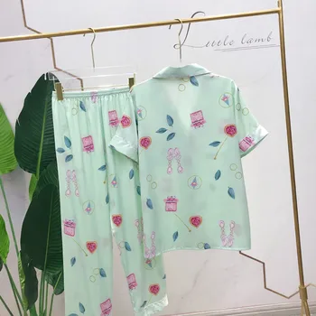 

Wmyqdlq Summer Thin Section Pajamas Female Short-Sleeved Trousers Suit Cardigan Home Service Imitation Silk Casual Fashion