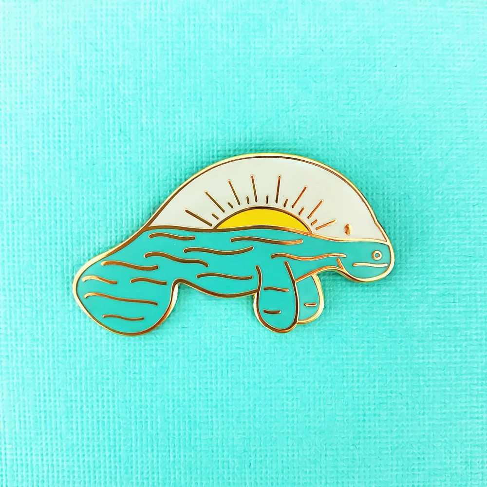 

Kawaii Manatee Sunrise Landscape Hard Enamel Pin Unique Cartoon Marine Life Seal Golden Brooch Lapel Backpack Pins Jewelry