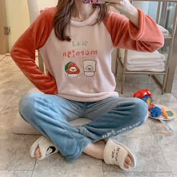 

XIZOU Sleepwear Sets for Women Lovely Pattern Pajamas Set Warm Flannel Long Sleeve Pant Home Wear Lazy Style Lady Pijamas