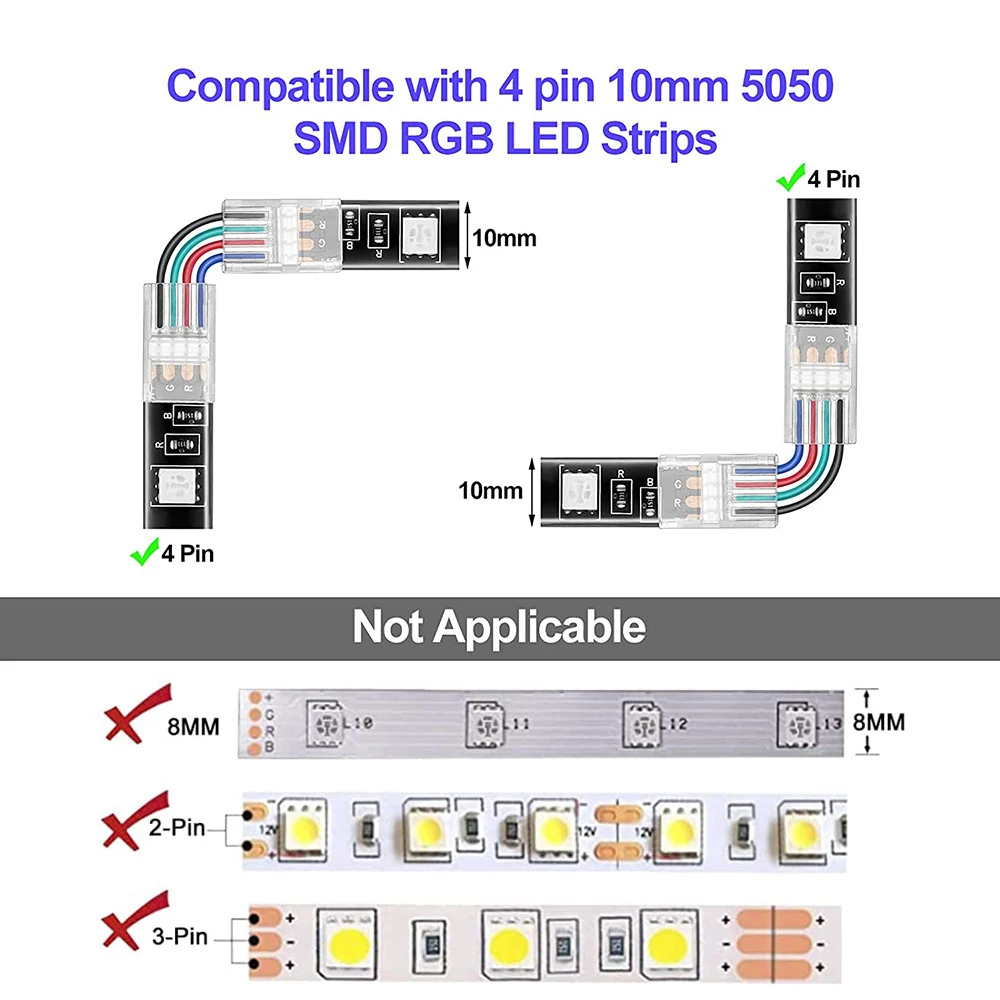 Connecteur Led RGB 5050 en forme de L, 4 broches, 10mm, étanche/Non  étanche, bandes Led, connecteurs de fil d'angle, adaptateur d'installation  - AliExpress