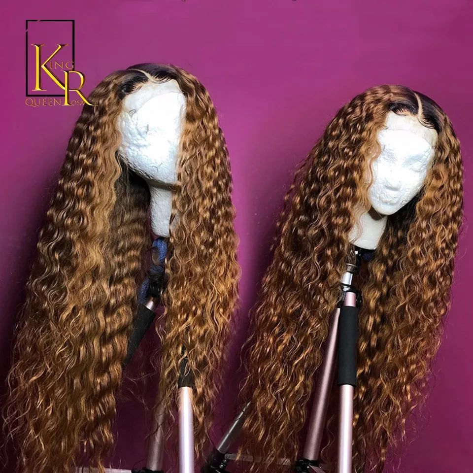 T1B 27 Ombre Цвет кудрявые 13*4 синтетические волосы на кружеве парики для женщин 130% плотность Remy бразильские предварительно сорванные низкое соотношение отбеленные