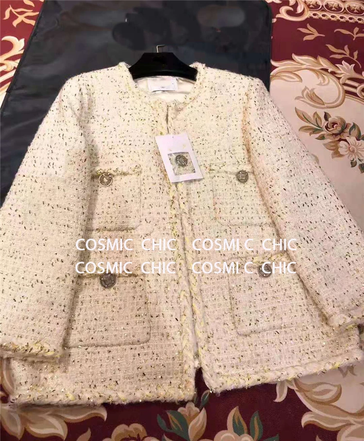 Cosmicchic, женское осеннее элегантное белое короткое пальто, роскошная шерстяная твидовая куртка с длинным рукавом, золотая нить, плетение, OL, Женская куртка