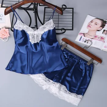 

Lady Lingerie Suit Luxury 2 Pieces Lace Sexy Pyjamas Women 2020 Sleeveless Strap Crop Top+Solid Shorts Smooth Sleepwear Sets