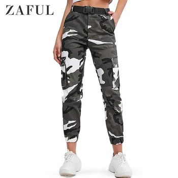 

ZAFUL Camouflage Belted Loose High Waist Jogger Pants Cargo Pants Pockets Embellishment Zipper Fly Type Military Pants 2019 Fall