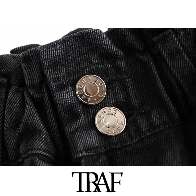 TRAF Женские винтажные Стильные Джинсовые штаны с карманами и высокой талией, женские модные штаны на молнии с эластичной резинкой на талии