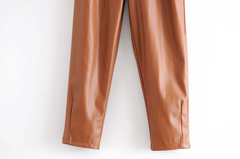 Brand New PU Leather Loose Pants Women Fashion Faux Leather Trousers Yellow Elegant Pockets Zipper Button Pant Female Ladies gloria vanderbilt capris