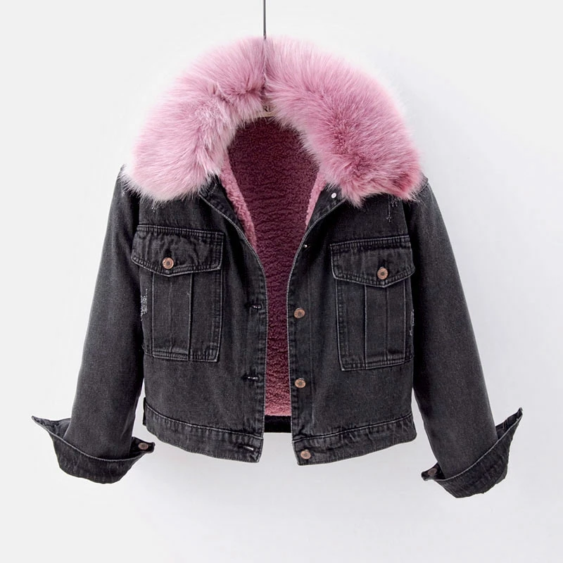 

Korean Winter Short Warm Denim Jacket Women Big Fur Collar lambswool Lining Jeans Jacket Loose Outerwear Female Chaquetas Mujer