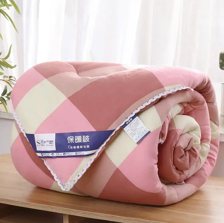 

Softness Grid Bed Quilt Comforter Silk Cotton Filler Warm Duvet for Autumn&Winter with Lace Design Quilted Comforter 1PC