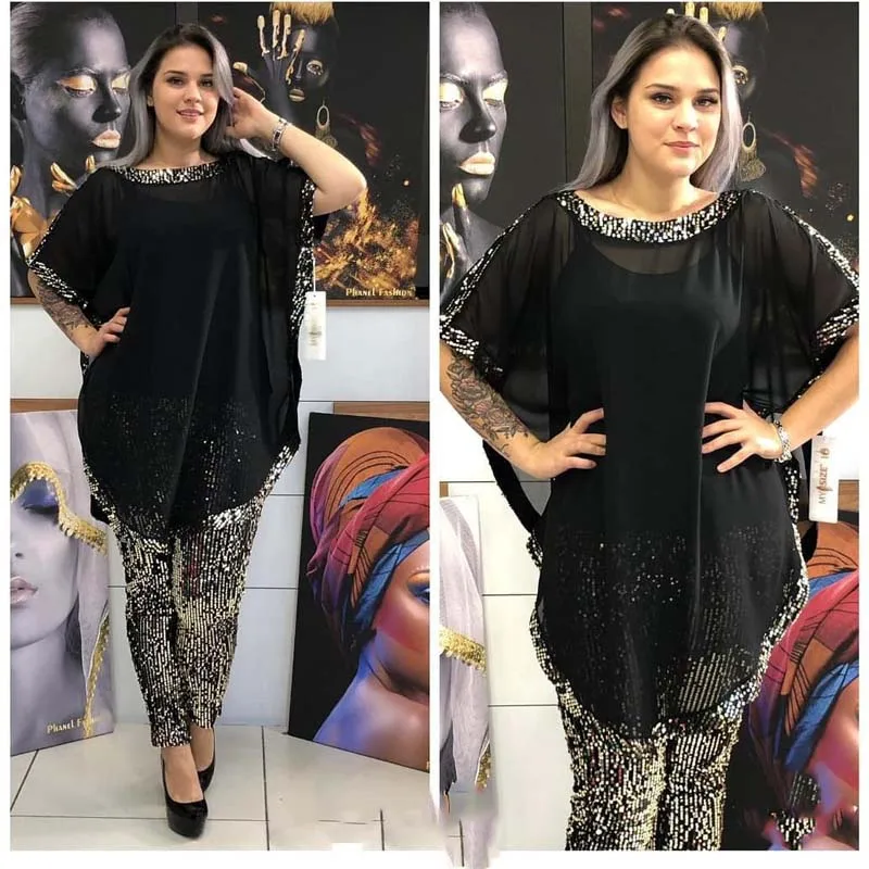 

2020 African Clothes Chiffon Two Piece Set African Dress For Women Dashiki Casual O-Neck Bat Sleeve Top&Sequins Pencil Pants Set