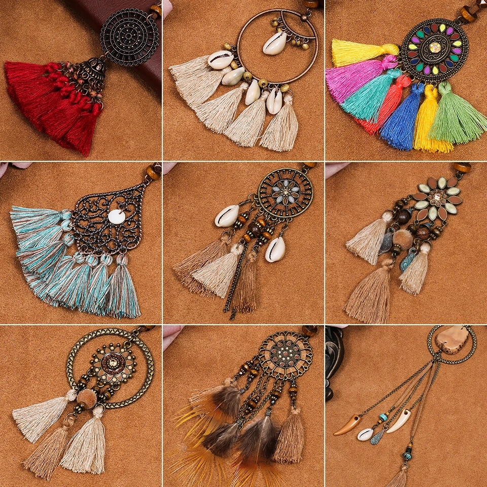 Boho étnico largo varios colores borla colgante collares para mujer suéter de cadena de cuerda de cuero collar de mujer joyería regalos accesorios venta al por mayor Dropshipping