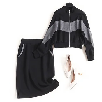 

Women baseball jacket suit new 2020 spring zipper front jackets + pencil skirt casual two piece set black preppy style