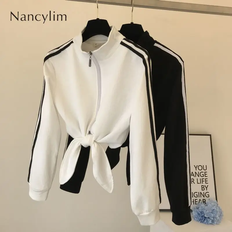 

2019 New Autumn Sports Coat Student Girls Zipper Hoodie Shirts Women High Collar Leisure Short Jackets Womens High Waist Coat