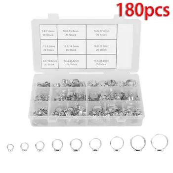 

180pcs Hose Clamp Set Stainless Steel Clip Assortment Silver 5.8-21 mm