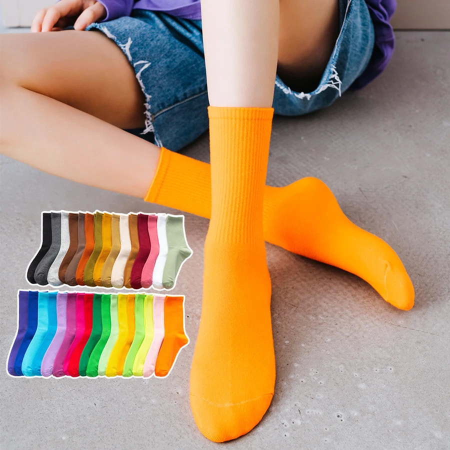 

Women Cotton Socks 22 Solid Colors Orange Pink Black White Soft Harajuku Casual Crew Female Sock Spring Autumn Style 1 Pack