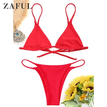 

ZAFUL Sexy Swimwear Cami Bralette Thong String Bikini Set Swimsuit Wire Free Bralette Low Waisted Women Beach Wear For Summer