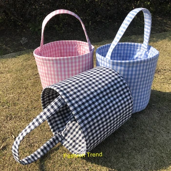 

10pcs/lot hot selling gingham easter basket 3 colors navy light blue pink small checked easter bucket monogram