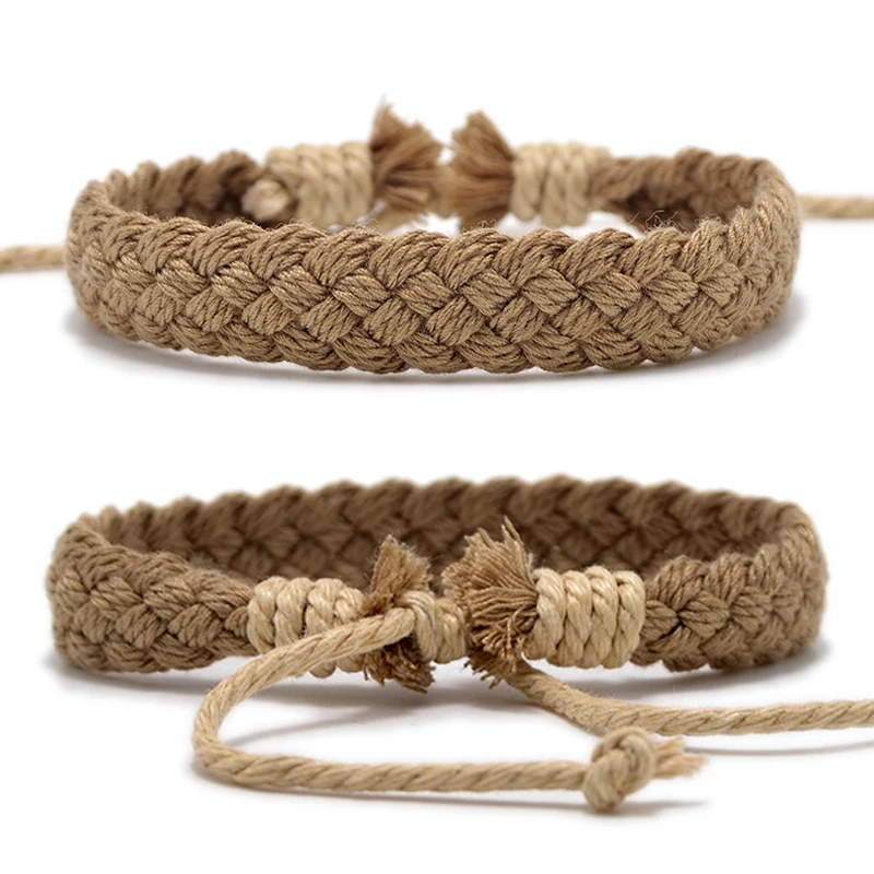 Handmade Vintage Cotton Rope Charm Bracelet for Women Men Brown Adjustable String Bracelet
