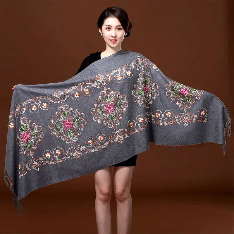 

All-Match Women Cashmere Embroider Flower Pashmina Big Size Autumn Winter Scarf Soft Tassel Warm Wraps Bufanda Mujer