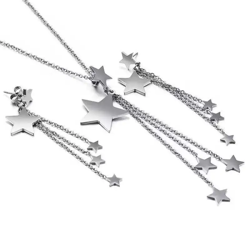 Нержавеющая сталь комплекты украшений для женщин Звезда Форма ожерелье с удлиненной цепью и кисточкой, серьги, набор, Для женщин свадебные ювелирные изделия - Окраска металла: Steel