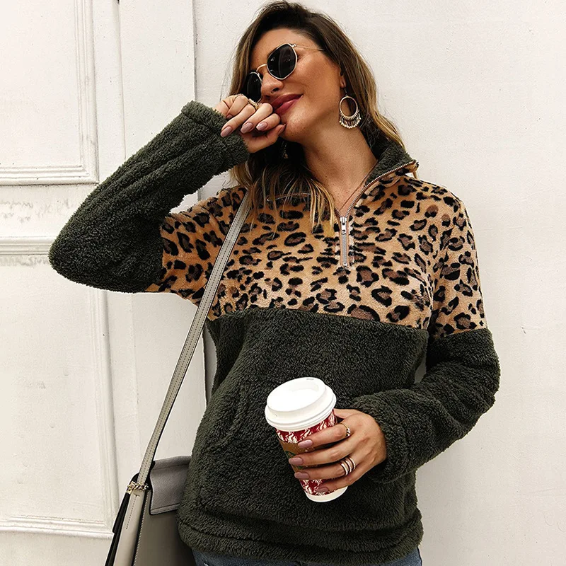 Женский флисовый Леопардовый свитшот, зимние повседневные женские толстовки из искусственного меха в стиле пэчворк, теплая водолазка на молнии, плотные шерстяные топы