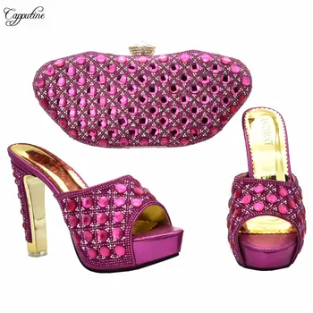 

Charming party set fuchsia high heel pump shoes with purse handbag set with stones for wedding/party 988-7, heel height 12cm