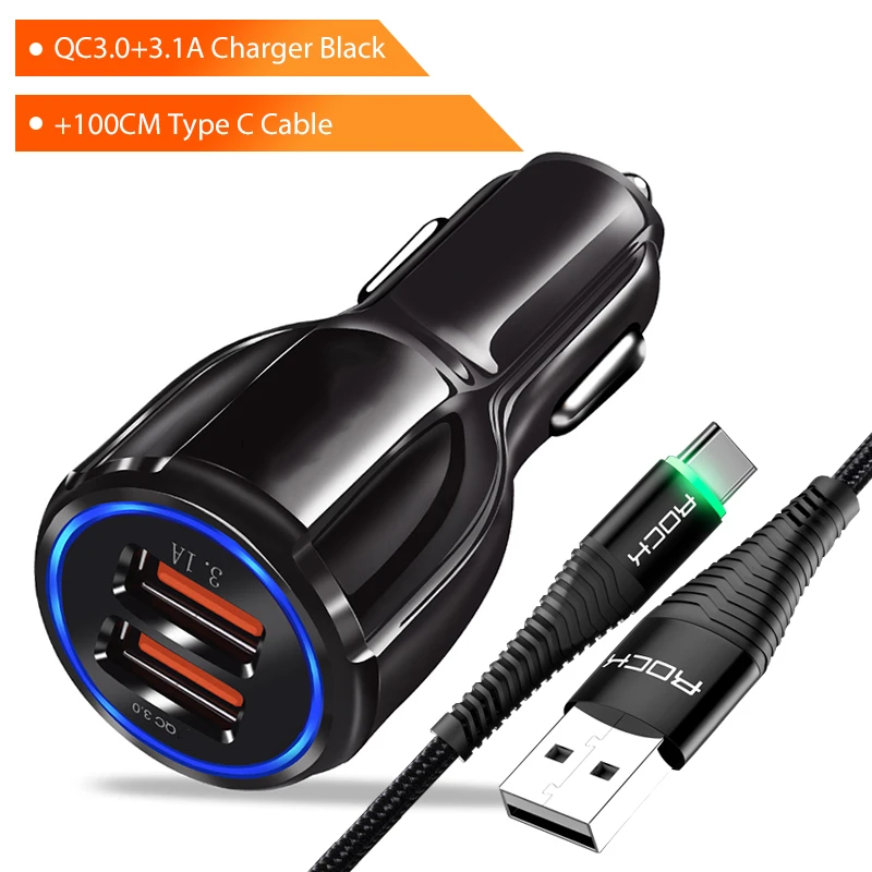 Автомобильное зарядное устройство ROCK QC 3,0 с двумя usb-портами для iPhone, samsung, Xiaomi, Quick Charge 3,0 2,0, зарядное устройство для мобильного телефона, 2 порта, USB, быстрое автомобильное зарядное устройство - Тип штекера: Power Set For Type C