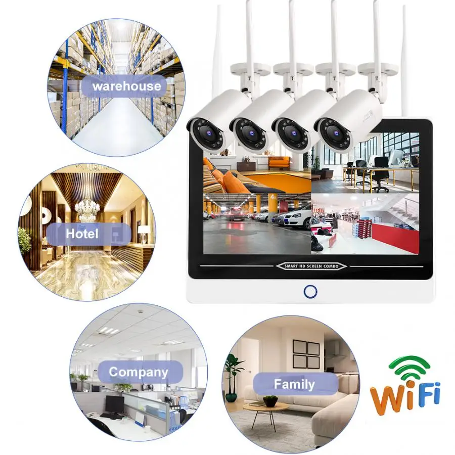 12.5in lcd монитор 4CH Wifi NVR 1080P беспроводная система безопасности камеры для Onvif 100-240V