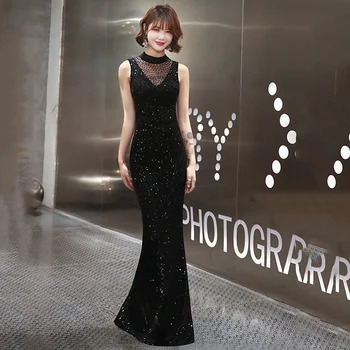 

Sexy Women Black Slim Cheongsam Exquisite Sequins Evening Party Dressnovelty Sleeveless Fishtail De Festa Size S M L XL XXL