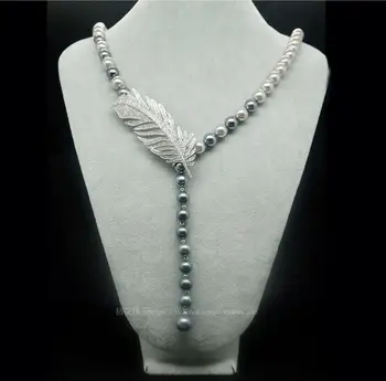 

Free Shipping Luxury Feather Zircon Micro 10mm shell Pearl Necklace 32inch
