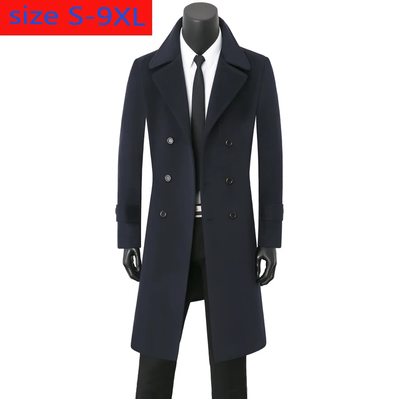 Новое мужское кашемировое пальто, молодежное шерстяное Теплое повседневное двубортное толстое мужское шерстяное пальто, большие размеры S-7XL 8XL 9XL