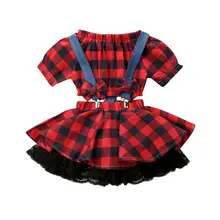 Комплекты в клетку из 2 предметов рождественское платье для маленьких девочек пуловер с короткими рукавами и принтом, топ, комбинезон, платье, комплект, Прямая поставка