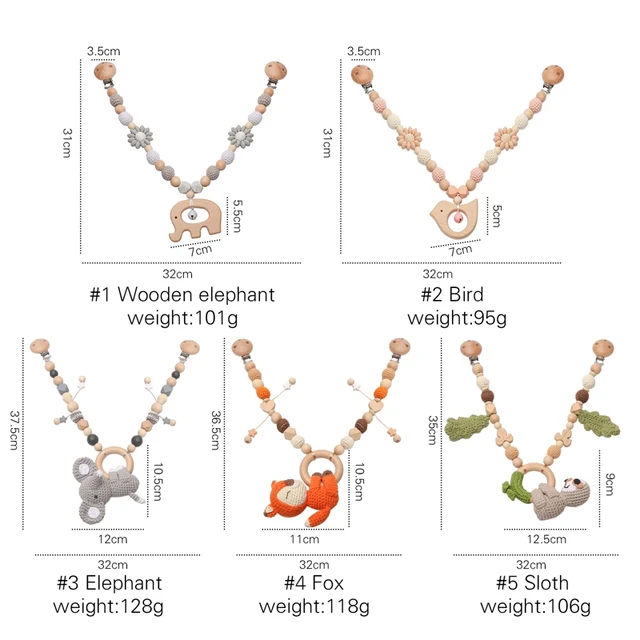 Baby Bed Hanging Rattle Toy Wooden Fox Bird Elephant Shape  Teether Crochet Beads Pram Mobile Clip Pacifier Chain Chewable Toys 6