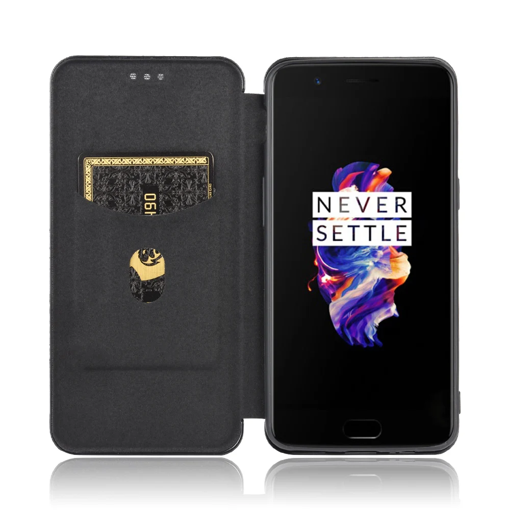 For OnePlus 5 Case 5.5 inch Carbon Fiber Flip Leather Case For OnePlus 5 Business Magnetic Wallet Card Slot Slim Cover