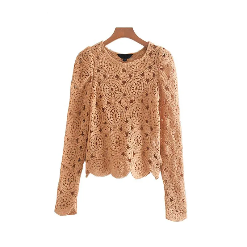 

Women Tops Blusas Hollow Out Long Sleeve Blouse Sweet Knitted Design Solid Blouse Women Stylish Stretchy Basic Chic