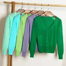 Летние новые тонкие женские вязаные топы с длинным рукавом и v-образным вырезом, повседневные короткие однотонные женские свитера, кардиганы