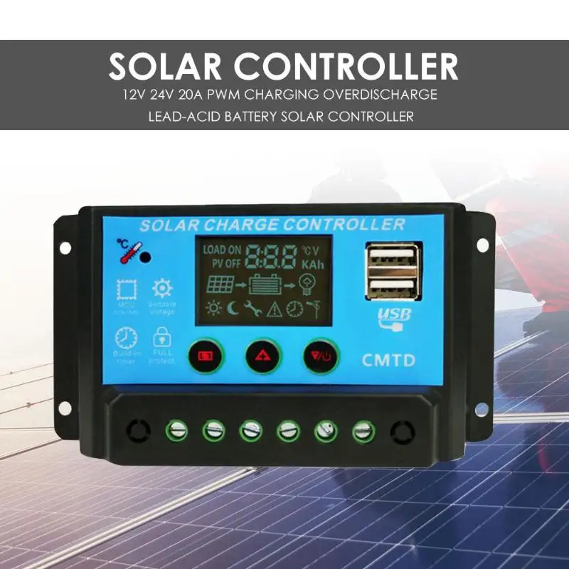 

20A 12V 24V Auto Solar Charge Controller PWM Controllers LCD Dual USB Output Solar Panel PV Regulator