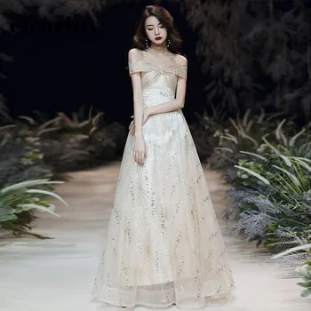 

Boat Neck Women Party Dresses R268 Champagne A-Line Robe De Soiree Sequined Elegant Evening Dress Off The Shoulder Formal Gowns