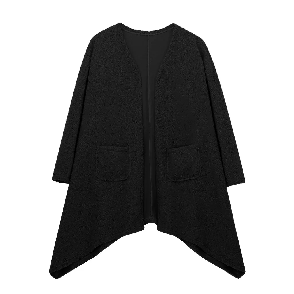 Женская куртка с неровным подолом и карманами, кардиган, длинная куртка, зимнее теплое пальто, верхняя одежда с длинным рукавом, женская одежда 19Sep - Цвет: Black
