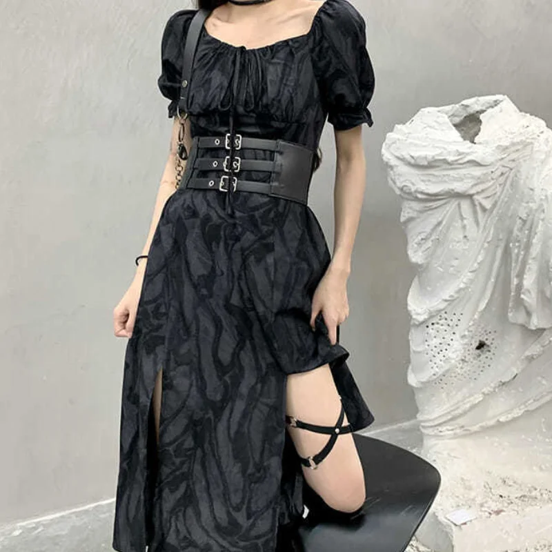 

Goth Dress Woman Harajuku Dark Black Long Dress Tie Dye Gothic Punk Split Fork Puff Sleeve Vintage Summer Streetwear