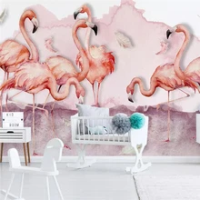 Costom скандинавском стиле ручная роспись Фламинго Розовый перо фон настенная бумага фреска на заказ Большая фреска зеленые Обои фреска