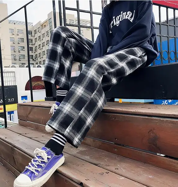 Решетки девять брюки женские осенние новые свободные Harajuku ретро Высокая талия широкие брюки
