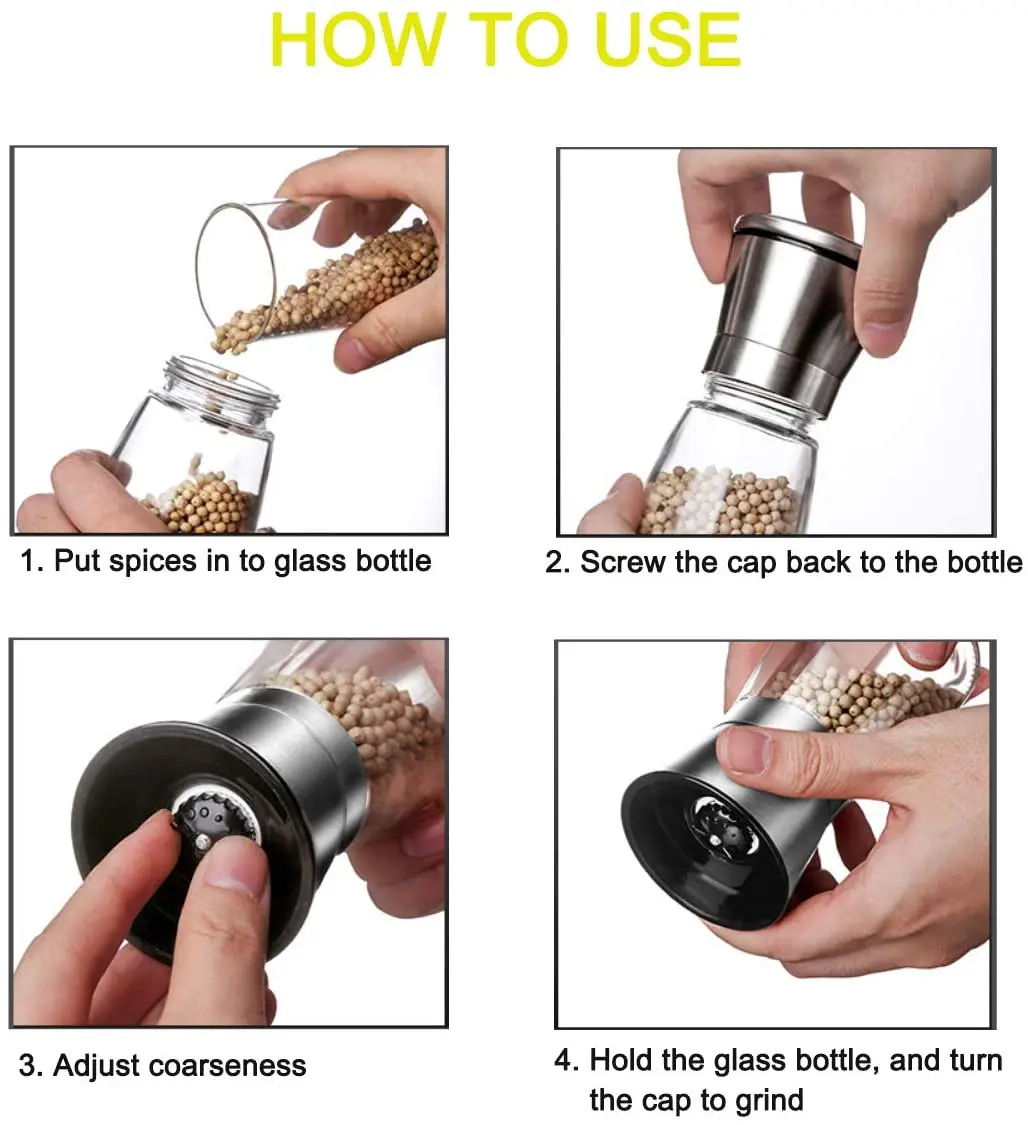 1Pc Stainless Steel Salt and Pepper Mill Grinder Spice Herp Glass Muller Hand Mill Grinding Bottle Kitchen Gadgets Glass Tools