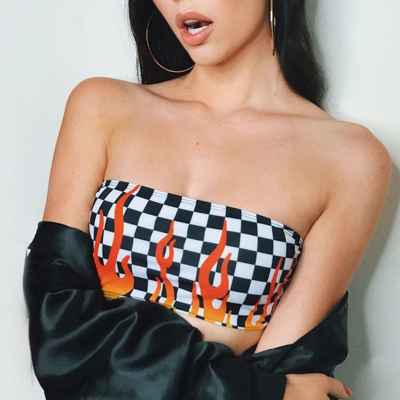 

Sexy Women Girls Bra Top Flame Squares Printed Chest Off Shoulder Crop Tops