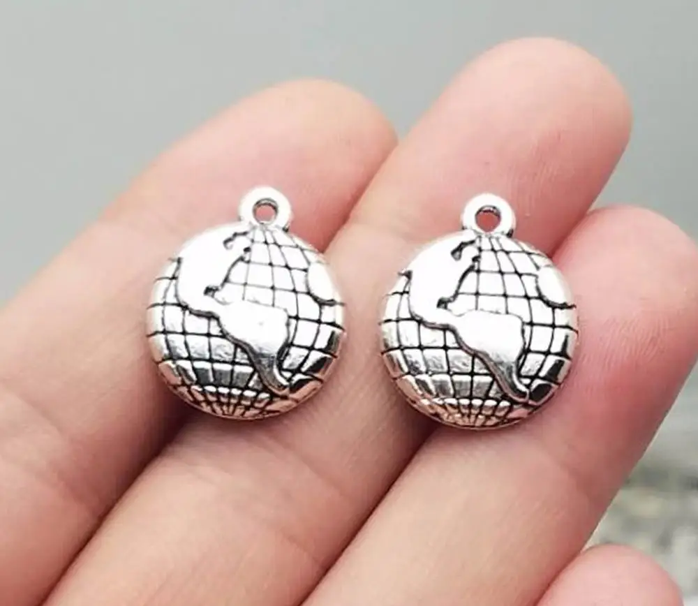

25pcs/lot--18mm Antique Silver Plated Earth Pendants Globe Planet Charms For DIY Keychain Supplies Jewelry Making Accessories