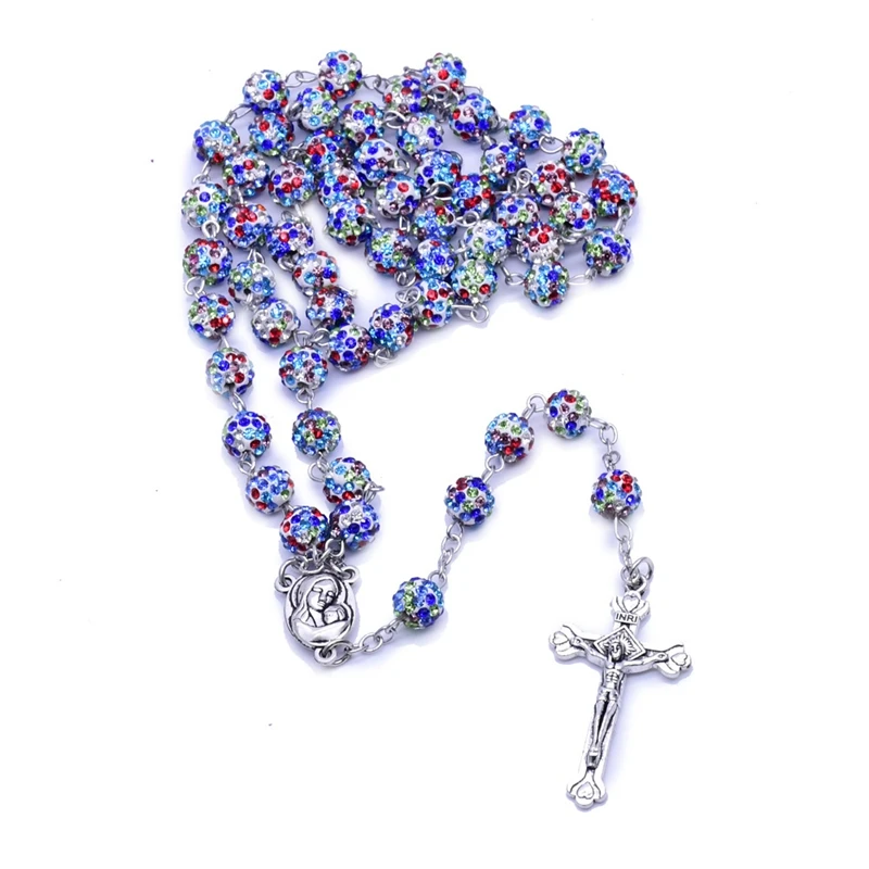 

Colorful Polymer Cay Beads Long Cross Rosary Necklace Religious Catholic Jewelry New