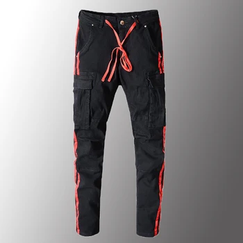 

New Mens Jeans Luxury Men's Red Lines Black Pockets Cargo Jeans Slim Fit Stretch Denim Pants Plus Size 40 Male Trousers