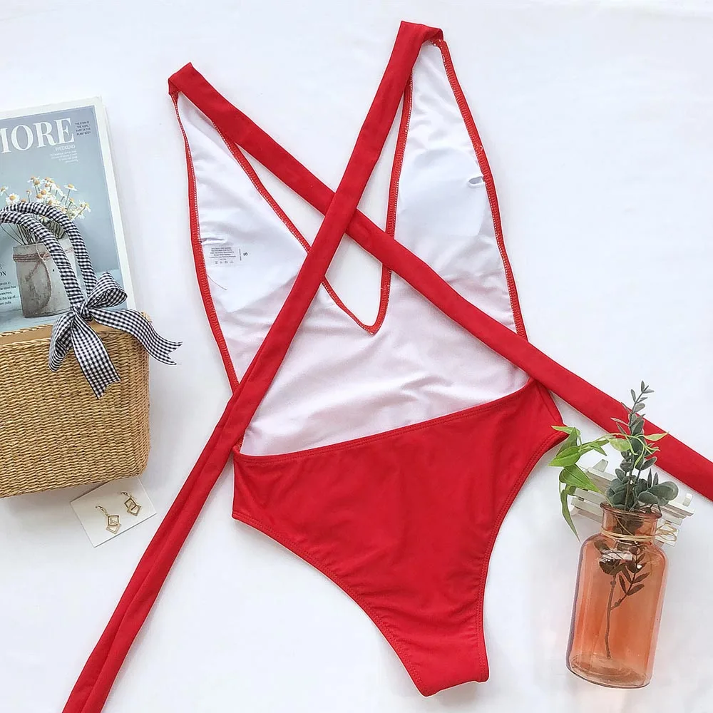 Red Wrap Around Women Swimwear One Piece Swimsuit Female Bather 2020 Deep V Neck Bathing Suit Swim Backless Monokini