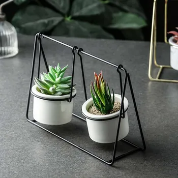

Nordic Swing Ceramic Flower Pot Wrought Iron Flower Vase Desktop Simple Iron Frame Succulent Plants Pot Home Decoration