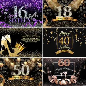 

9 Options Sweet 16 18 Lady Woman Happy 30th 40th 50th 60th Birthday Party Backdrops For Photography Black Gold Glitter Backdrops