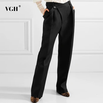 

VGH Casual Solid Women Pants High Waist Ruched Loose Irregular Long Stragiht Trousers Female Spring Fashion 2020 Clothing Tide